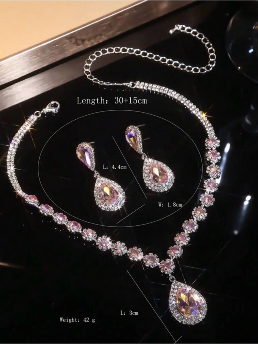 Elegant Pink Crystal Teardrop Necklace and Earring Set